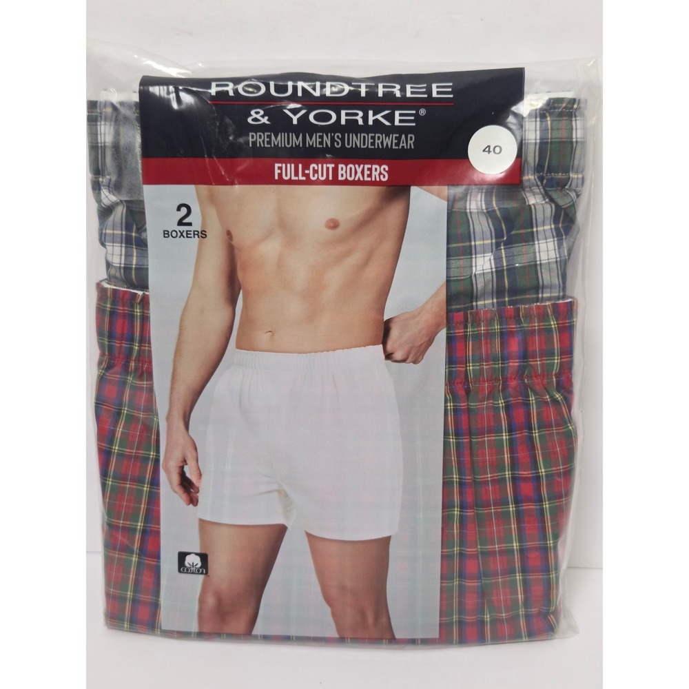 Roundtree & Yorke Full Cut Boxers 2-pk Premium Men's Underwear 40 Plaid $28 NEW